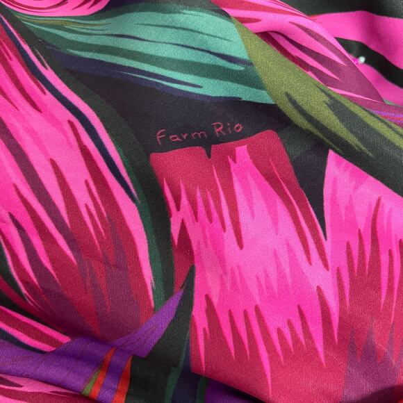 Farm Rio Midnight Leaves Tank Midi Dress Green Pink Tropical Cut Out Tie Waist M - Picture 6 of 14